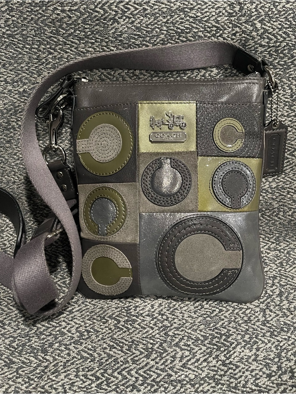 Coach Rare Mia Inlaid Leather & Sued Patchwork Messenger Bag in Olive and Gray